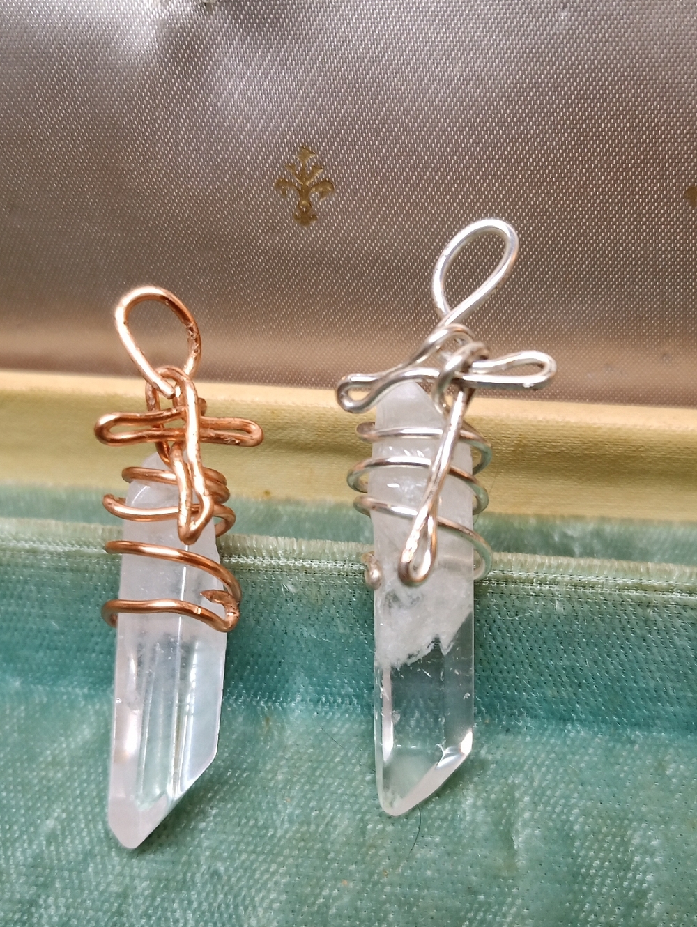 Handcrafted Clear Quartz Point Pendant Necklace Copper & Silver Cross Wire Wrap